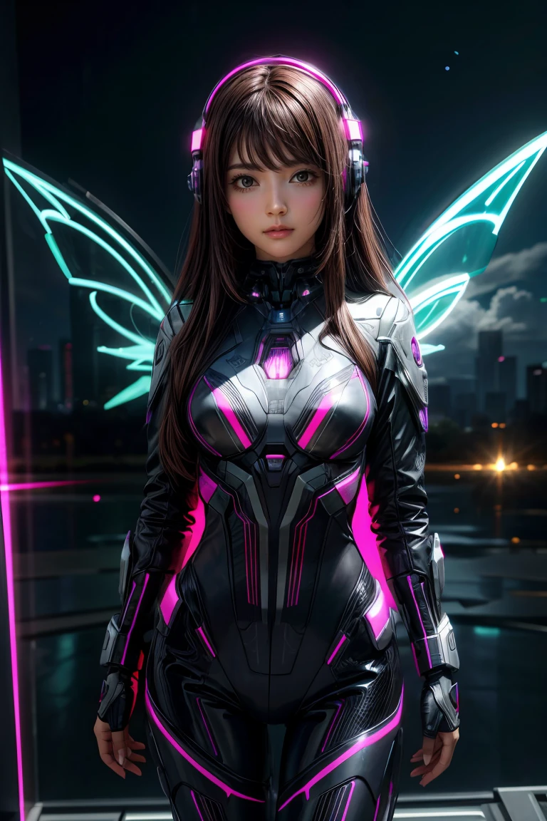 ((masterpiece, best quality, extremely detailed), volumetric lighting, ambient occlusion, colorful, glowing), 
1girl, solo, young girl, (dark hair), long hair, halo, aura, sacred, godness, cyber suit, (random-colored outfit:1.3), android, bot, cybernetic wings,
outdoors, sunset, sky, clouds, space, (cyberpunk theme:1.2),