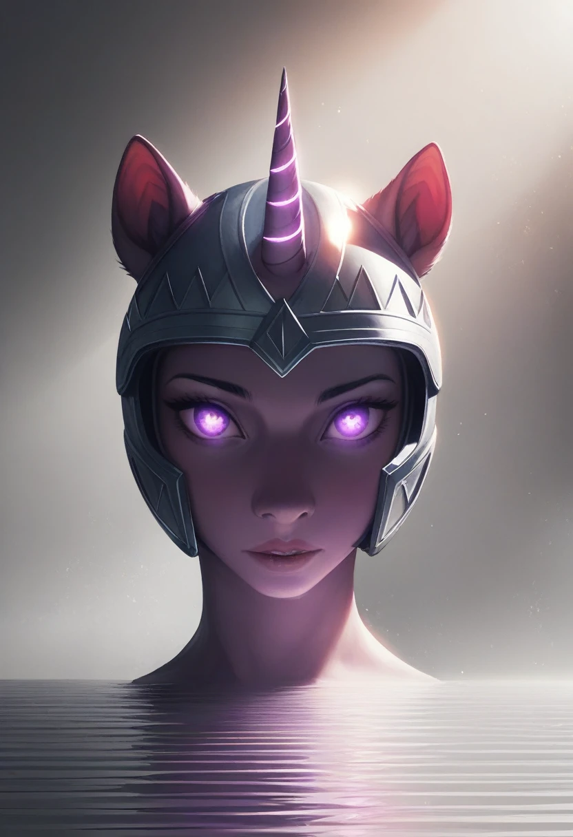 1 girl, no face, mysterious, helmet, unicorn horn, glowing eyes, Extreme detail expression, Glossy metal, dynamic angle, detailed light, dramatic_shadow, ray_tracing, reflection,Raw, cinematic shot, (sharp focus:1.5), (photorealistic:1.2), twilight lighting, volumetric lighting, ultra high res, 16K,dramatic lighting,