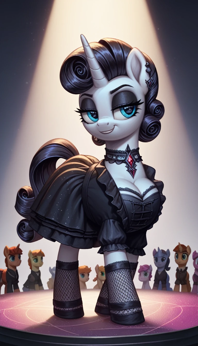 score_9,score_8_up,score_7_up,score_6_up, filly, unicorn, Gothic pony, ta goth fashion, glowing backlight, fashion show, catwalk scene, glitter, whimsical, enchanted, magical, fantasy art concept, intricate details, smug smile, large Breast Augmentation Implants like a blimp,