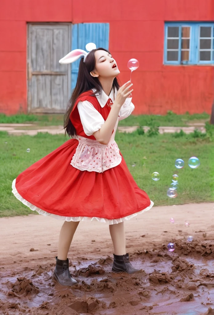 A painting,The painting shows a woman in a dress blowing bubbles, On a bright red campus"YES"Character、beautiful illustration, best quality, cute girl, bedroom, pastel color, fluffy bunny ears, , silver long hair, alert! Dive into the messy and joyful theme of "Playing in Mud" (Playing in the mud). Capture the pure delight and uninhibited fun of people or animals splashing, building, and getting covered in mud.