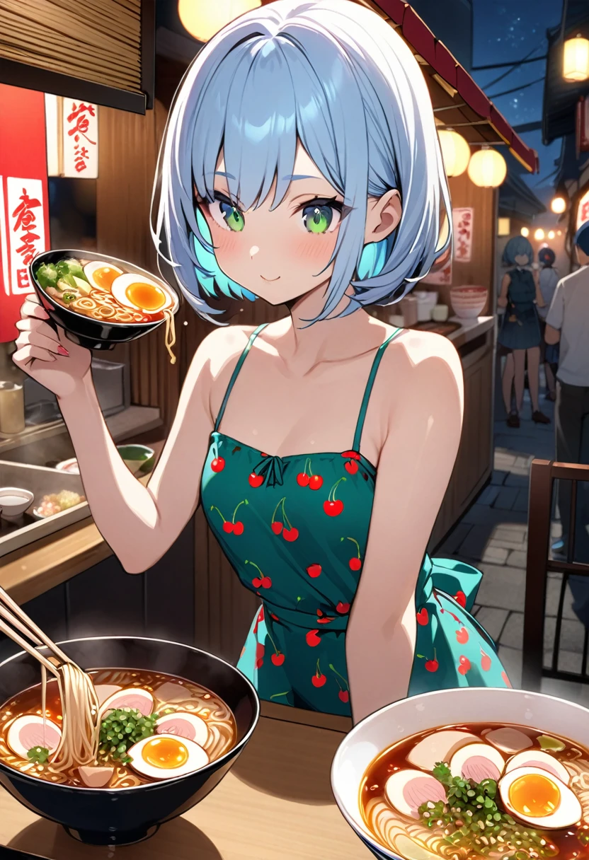 Light blue hair、Short Bob、Deep green eyes、Small breasts、Cherry print dress、Ramen stall、night、counter、Eat soy sauce ramen、1girl