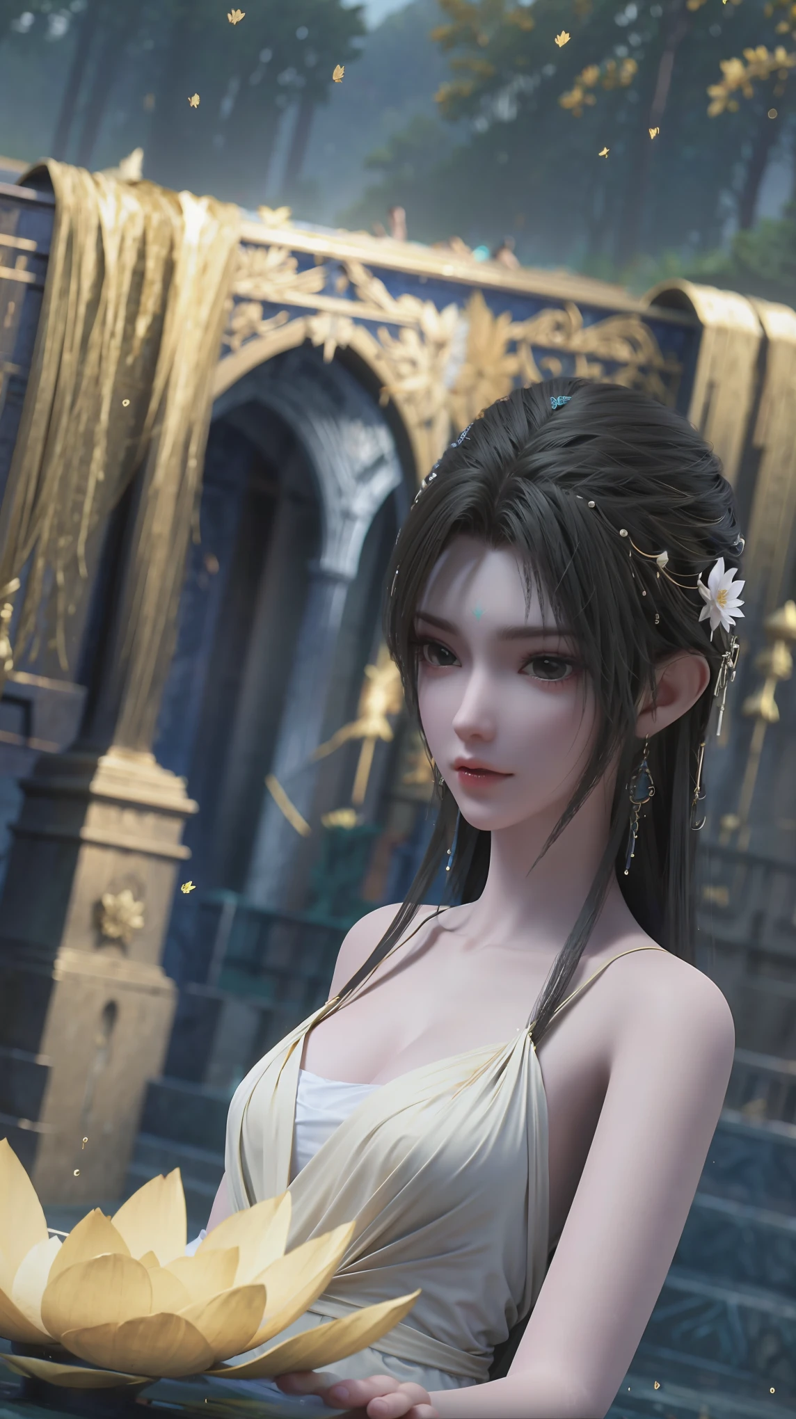 a beautiful young woman bathing in a serene lake, water up to her shoulders, her hands covering her chest, golden glowing lotus flowers floating on the surface, soft lighting, intimate and sensual mood, highly detailed, cinematic composition, realistic, photorealistic