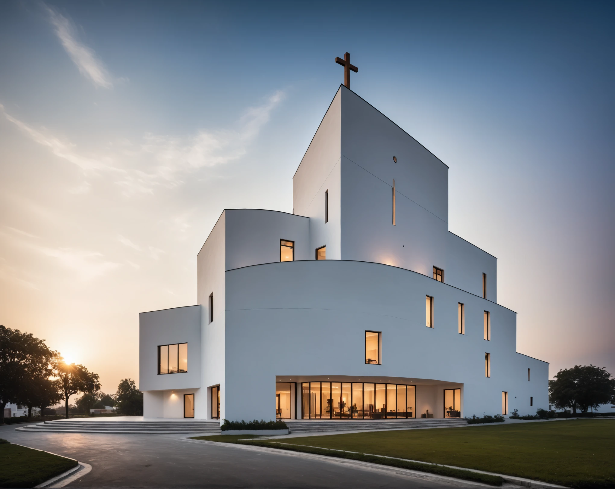 raw photo, best quality, ultra realistic, masterpiece, best quality skin, photography hd, dslr,
tcs, httlvn, modern church, road, people, house, facade design, outdoors, church, white walls, cross on top, curved shape building, dusk, sunshine, street view,