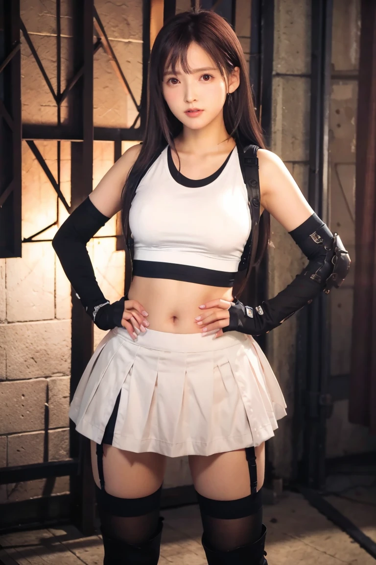 (8K、RAW Photos、Highest quality、masterpiece:1.2)、(Realistic、Realistic)、1 Girl、((White tank top、Arm Covers、gloves、Knee socks、garter belt、boots、Black mini skirt、belly button、underground warehouse、Stand with hands on hips))、