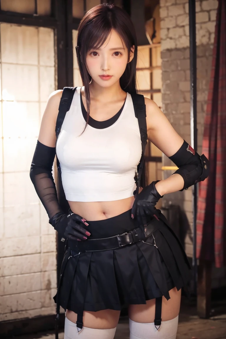 (8K、RAW Photos、Highest quality、masterpiece:1.2)、(Realistic、Realistic)、1 Girl、((White tank top、Arm Covers、gloves、Knee socks、garter belt、boots、Black mini skirt、belly button、underground warehouse、Stand with hands on hips))、