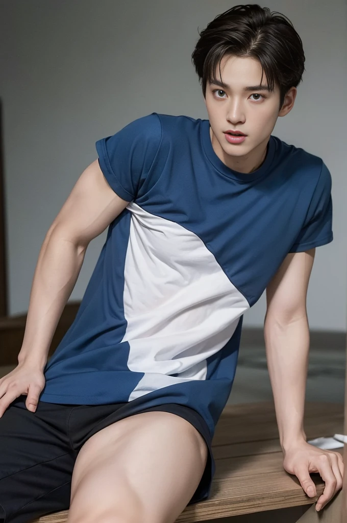(Full body:1.2)、((top-quality、​masterpiece、photographrealistic:1.4、in 8K))、Cool Asian Men１a person、25 years old、Well-formed face、Eyes and faces with detailed、Beautiful lighting、Textured skin、Super Detail、high detailing、High quality、hight resolution、（looking at the viewers）、Opening Mouth、Detailed mouth、(Wear a plain T-shirt:1.2)