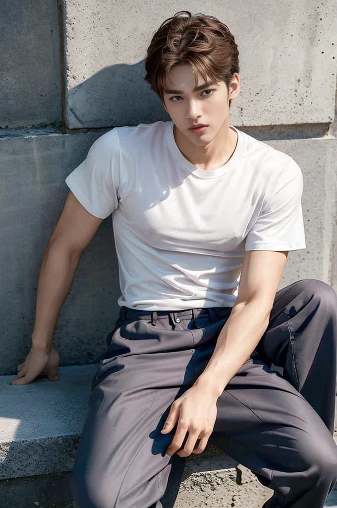 (Full body:1.2)、((top-quality、masterpiece、photographrealistic:1.4、in 8K))、Cool Asian Men1a person、25 years old、Well-formed face、Eyes and faces with detailed、Beautiful lighting、Textured skin、Super Detail、high detailing、High quality、hight resolution、(looking at the viewers)、Opening Mouth、Detailed mouth、(Wear a plain T-shirt:1.2)