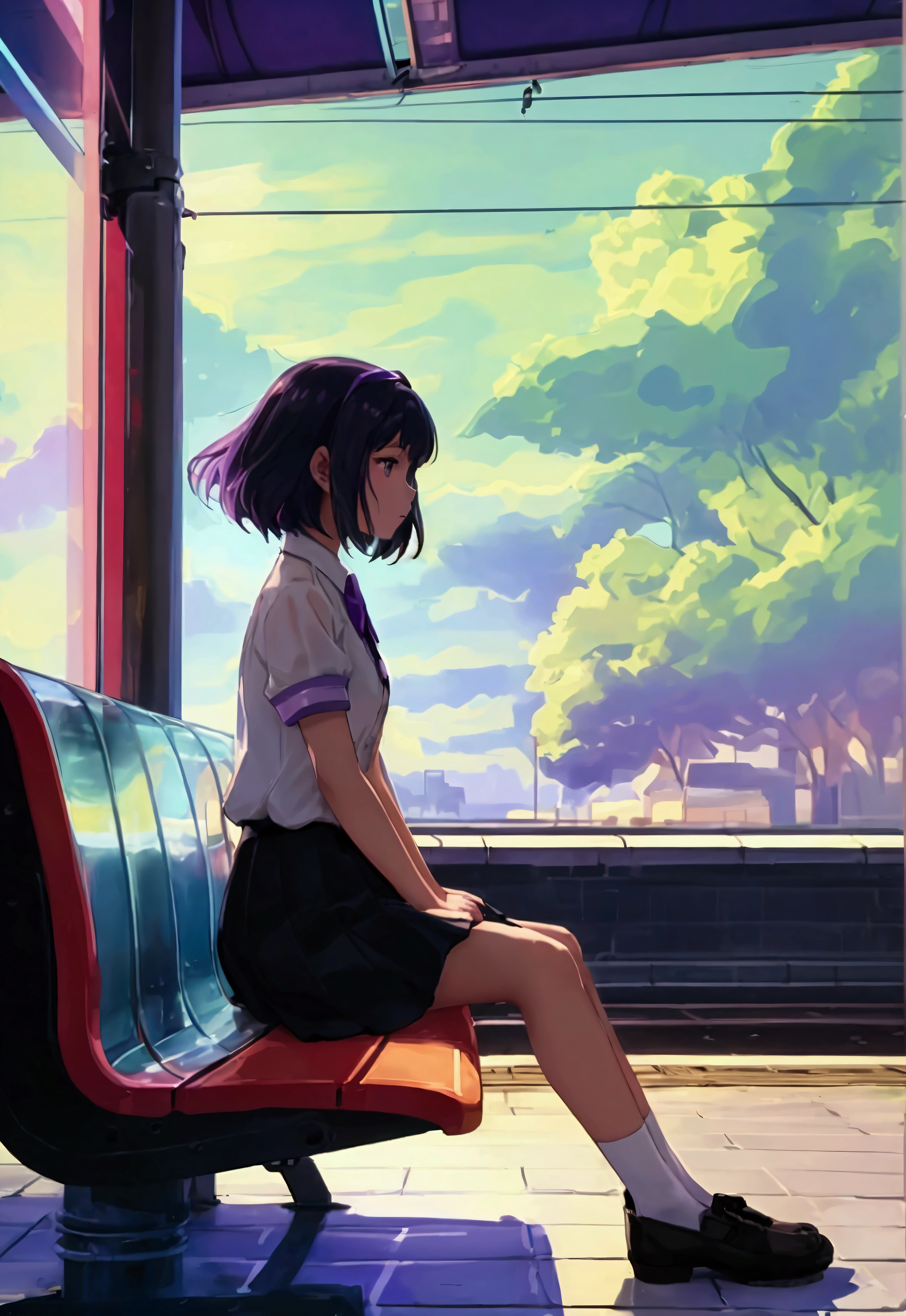 transparent girl like an animated character sits on a station bench.Girls are translucent.The girl's outline is painted in pale purple.The background is colorful and vivid,

