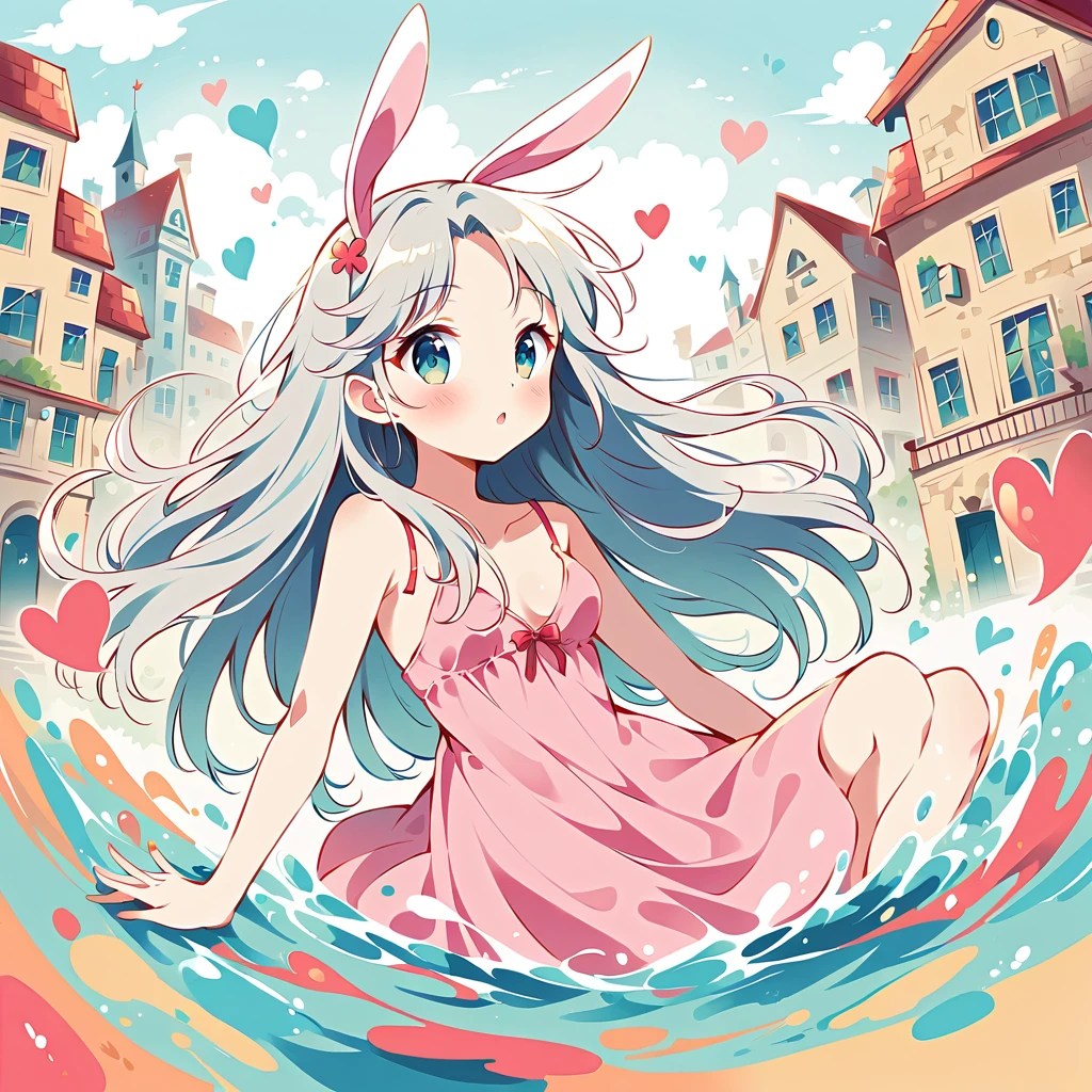 Black Star Red and White style, Simple Line Initialism,Abstract art,Urban Background, colorful hearts ,(((The most beautiful girl of all time))), On a bright red campus"YES"Character、beautiful illustration, best quality, cute girl, bedroom, pastel color, fluffy bunny ears, , silver long hair, alert! Dive into the messy and joyful theme of "Playing in Mud" (Playing in the mud). Capture the pure delight and uninhibited fun of people or animals splashing, building, and getting covered in mud.