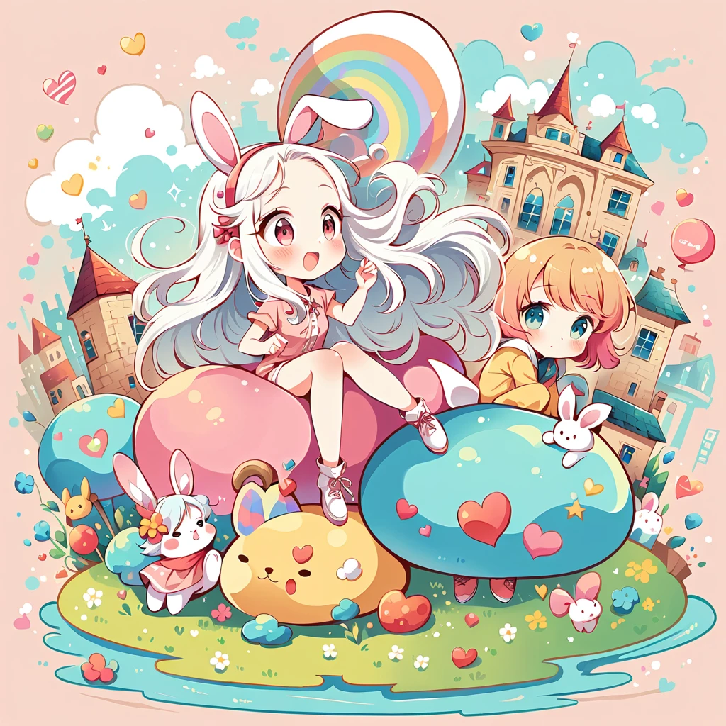 Black Star Red and White style, Simple Line Initialism,Abstract art,Urban Background, colorful hearts ,(((The most beautiful girl of all time))), On a bright red campus"YES"Character、beautiful illustration, best quality, cute girl, bedroom, pastel color, fluffy bunny ears, , silver long hair, alert! Dive into the messy and joyful theme of "Playing in Mud" (Playing in the mud). Capture the pure delight and uninhibited fun of people or animals splashing, building, and getting covered in mud.