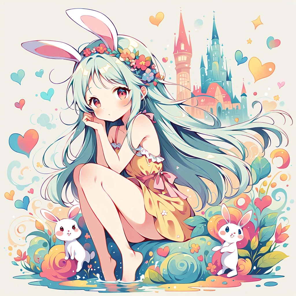 Black Star Red and White style, Simple Line Initialism,Abstract art,Urban Background, colorful hearts ,(((The most beautiful girl of all time))), On a bright red campus"YES"Character、beautiful illustration, best quality, cute girl, bedroom, pastel color, fluffy bunny ears, , silver long hair, alert! Dive into the messy and joyful theme of "Playing in Mud" (Playing in the mud). Capture the pure delight and uninhibited fun of people or animals splashing, building, and getting covered in mud.