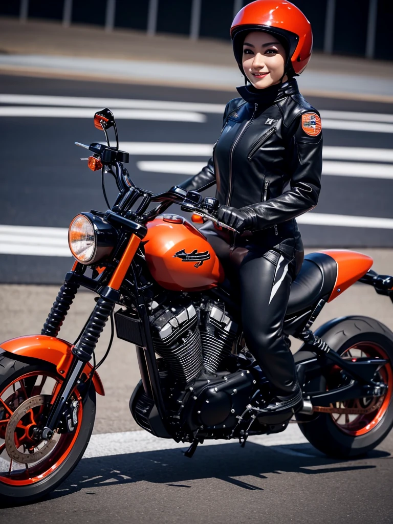 a beautiful japan biker hijab girl riding harley davidson looking at the runway wearing biker suit, motorcycle, far view, long view, happy, masterpiece, (best quality:1.2), 8k