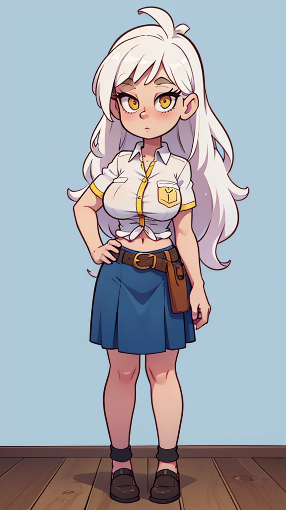  a tall girl, big breast, beautiful beauty, beautiful, cute, loving, long white hair, her blue-yellow eye, she wears a pink button-down blouse, short sleeves, shows her navel and a short dark blue skirt, a brown belt, a long black heel. 