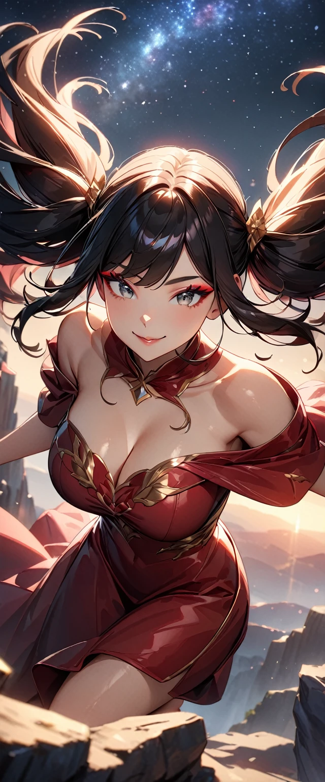 Photo of a woman with natural skin, Upper Body, Dynamic pose, Smiling, High Twintails, Black hair with red mesh, Sharp eyes with red eyeshadow, Shining eyes, A thin, upturned nose, Well-shaped lips, ((Black off-the-shoulder dress)), Big Breasts, barefoot, Makeup, Exquisitely crafted with the utmost attention to detail, Vibrant, amazing, Smooth, Cinematic, 4K, Backlight, ((Atop a cliff with a beautiful starry sky)), Shallow depth of field, ((Detailed eyes:1.3, Detailed lips:1.3, high quality, )), masterpiece, Super detailed images, High quality