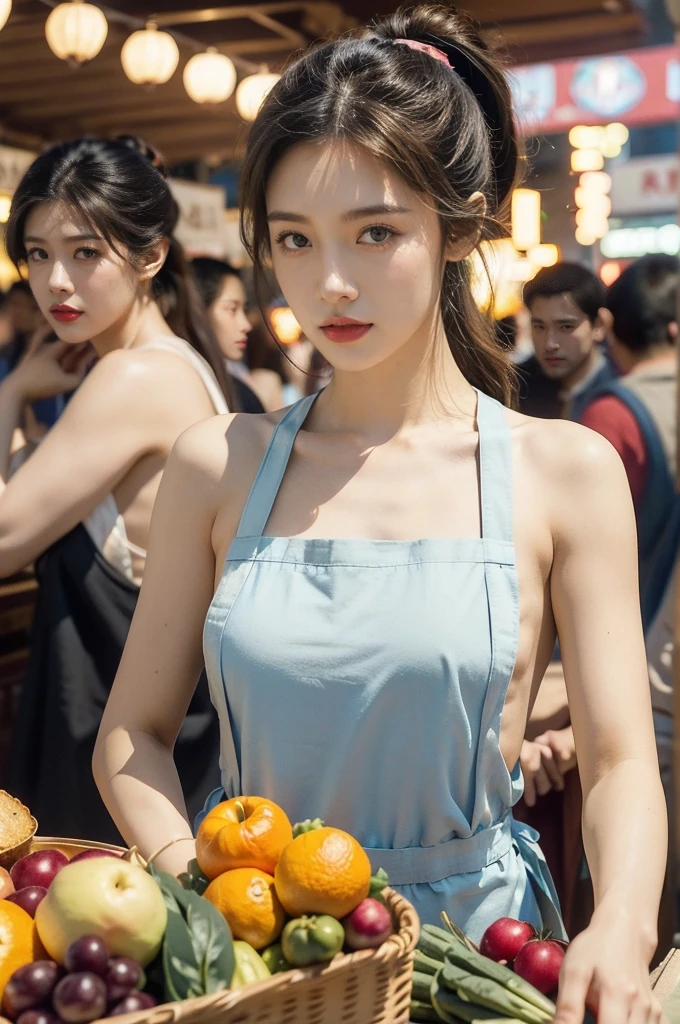 (((best quality))),(((ultra detailed))),(((masterpiece))),illustration,(1 beautiful girl,solo),(short ponytail:1.2),(sheer apron:1.2),((bare shoulder,bare arms)),((slim,thin)),((small breasts,flat chest)),shopping, market, meat, bustling,early morning,bright eyes, flushed face, lively appearance, energetic, vendors, calls, wares, plastic sheets, spices, haggling, examining, cuts, beef, stall, butcher paper, scale, kaleidoscope, colors, sounds, fruits, vegetables, animated, talking, joking, background, food stall, breakfast rolls, vendor, steaming, fresh bread, butter, early hour, energy, chatting, vibrant, chaotic, community,((night scene,outdoor)),(surrounded by crowded crowds:1.3),((from front,upper body))