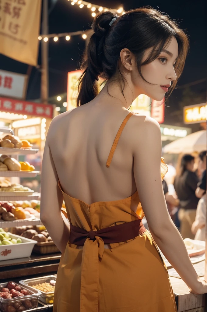 (((best quality))),(((ultra detailed))),(((masterpiece))),illustration,(1 beautiful girl,solo),(short ponytail:1.2),(sheer apron:1.2),((bare shoulder,bare arms)),((slim,thin)),((bare back,towering hips,butt crack)),shopping, market, meat, bustling,early morning,bright eyes, flushed face, lively appearance, energetic, vendors, calls, wares, plastic sheets, spices, haggling, examining, cuts, beef, stall, butcher paper, scale, kaleidoscope, colors, sounds, fruits, vegetables, animated, talking, joking, background, food stall, breakfast rolls, vendor, steaming, fresh bread, butter, early hour, energy, chatting, vibrant, chaotic, community,((night scene,outdoor)),(surrounded by crowded crowds:1.3),((from back,upper body))