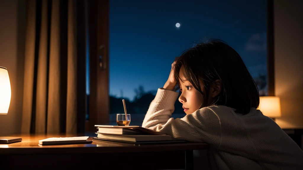 A woman studying in a dark room at night