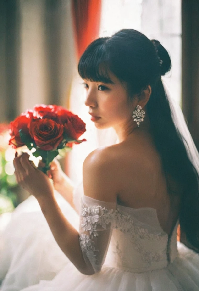 1girl, asian girl,solo, candid, black hair, dress, off shoulders, brown eyes, jewelry, collarbone, upper body, flower, earrings, indoors, necklace, white dress, blurry, lips, strapless, blurry background, tiara, veil, strapless dress, red rosesbouquet, wedding dress, realistic, candle, bridal veil, bride, film grain