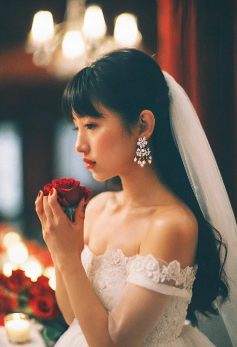 1girl, asian girl,solo, candid, black hair, dress, off shoulders, brown eyes, jewelry, collarbone, upper body, flower, earrings, indoors, necklace, white dress, blurry, lips, strapless, blurry background, tiara, veil, strapless dress, red rosesbouquet, wedding dress, realistic, candle, bridal veil, bride, film grain