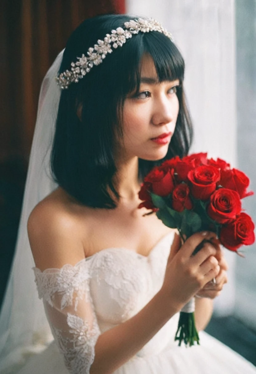 1girl, asian girl,solo, candid, black hair, dress, off shoulders, brown eyes, jewelry, collarbone, upper body, flower, earrings, indoors, necklace, white dress, blurry, lips, strapless, blurry background, tiara, veil, strapless dress, red rosesbouquet, wedding dress, realistic, candle, bridal veil, bride, film grain