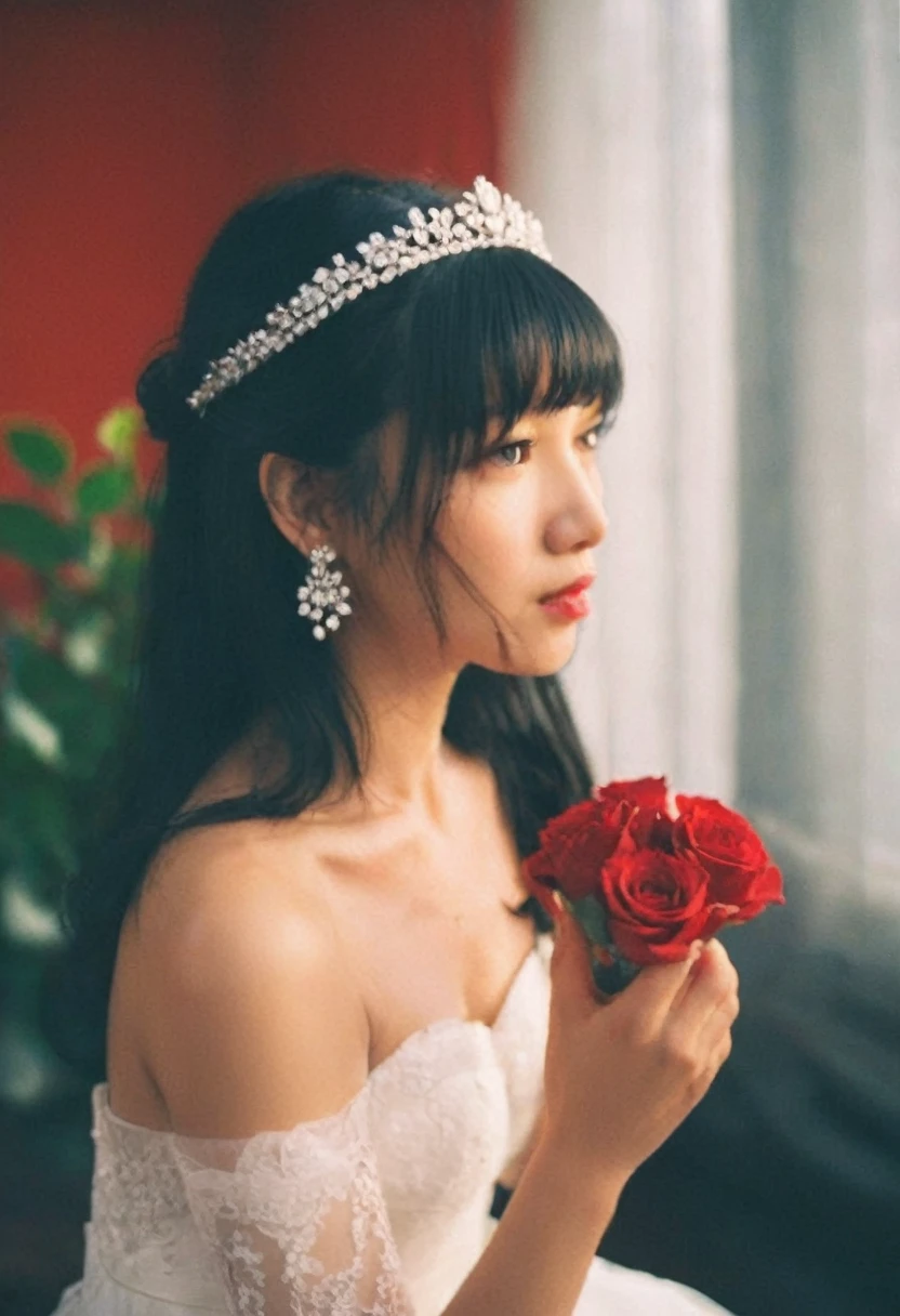 1girl, asian girl,solo, candid, black hair, dress, off shoulders, brown eyes, jewelry, collarbone, upper body, flower, earrings, indoors, necklace, white dress, blurry, lips, strapless, blurry background, tiara, veil, strapless dress, red rosesbouquet, wedding dress, realistic, candle, bridal veil, bride, film grain