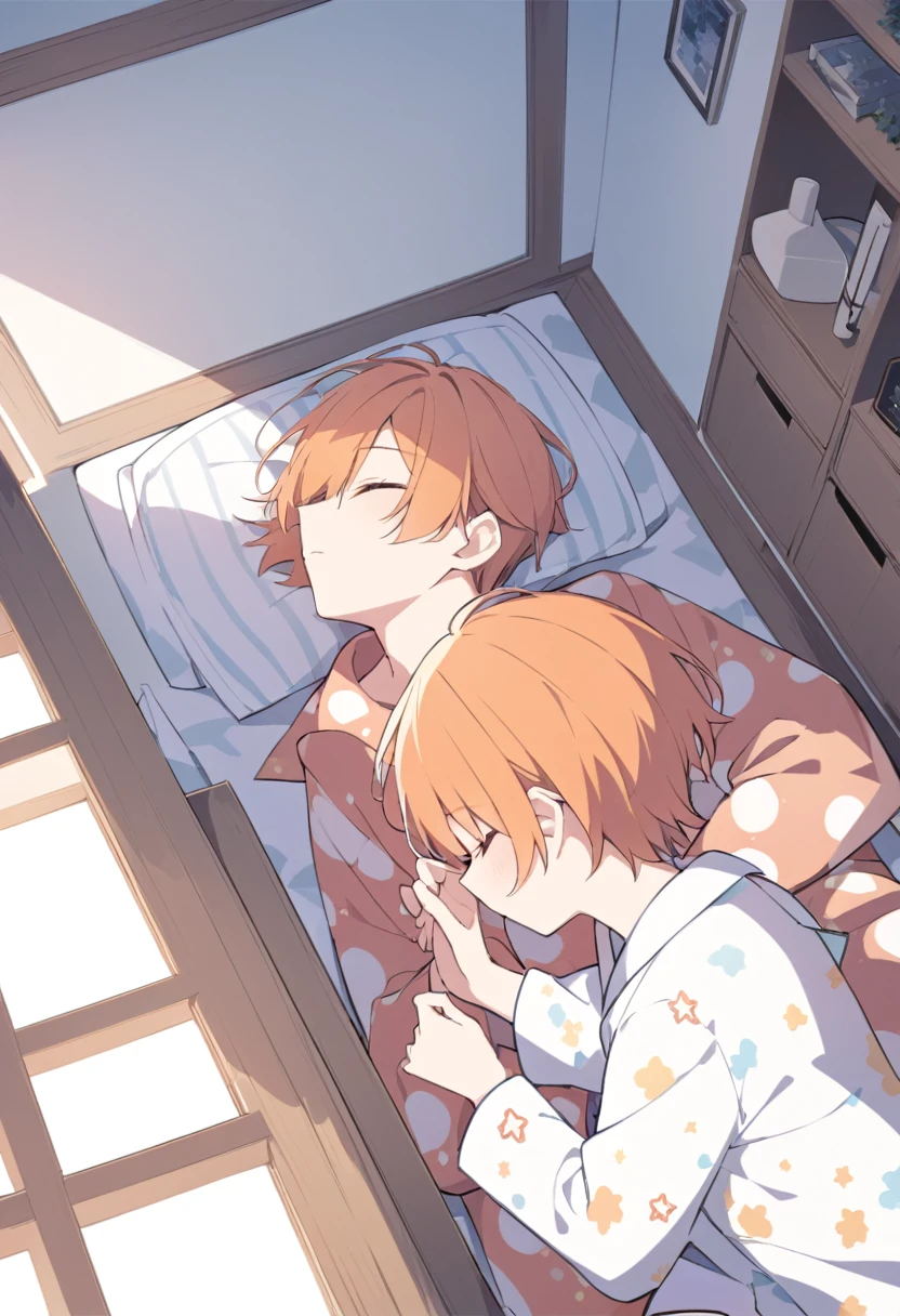 Orange Hair、man、man高校生、boy、Lying down、Pajamas、pajamas、Open your eyes、Landscape、profile、真顔のprofile、Inside the room、Short Hair、From above、From above視点、真From aboveの視点