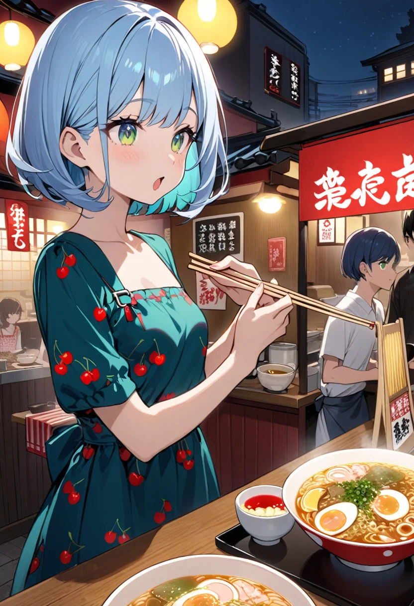 Light blue hair、Short Bob、Deep green eyes、Small breasts、Cherry print dress、Ramen stall、night、counter、Eat soy sauce ramen