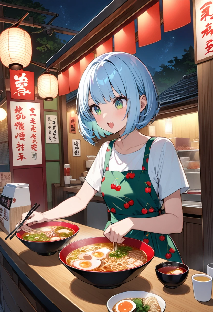 Light blue hair、Short Bob、Deep green eyes、Small breasts、Cherry print dress、Ramen stall、night、counter、Eat soy sauce ramen