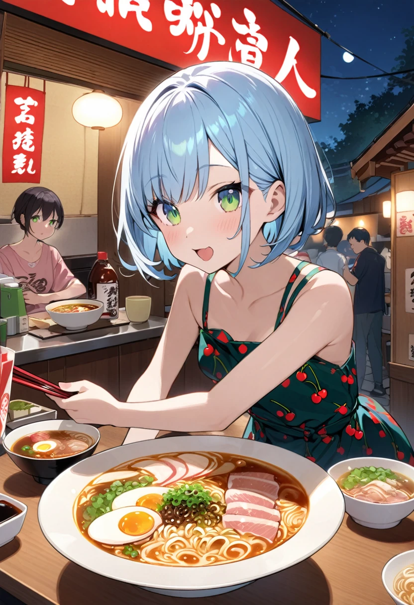 Light blue hair、Short Bob、Deep green eyes、Small breasts、Cherry print dress、Ramen stall、night、counter、Eat soy sauce ramen