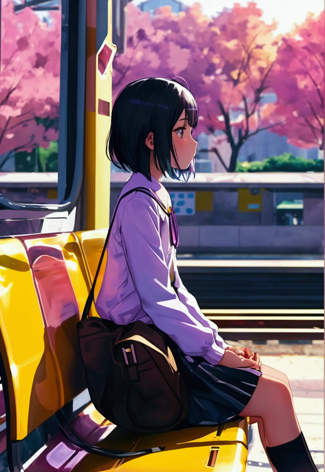 transparent girl like an animated character sits on a station bench.Girls are translucent.The girl's outline is painted in pale purple.The background is colorful and vivid,