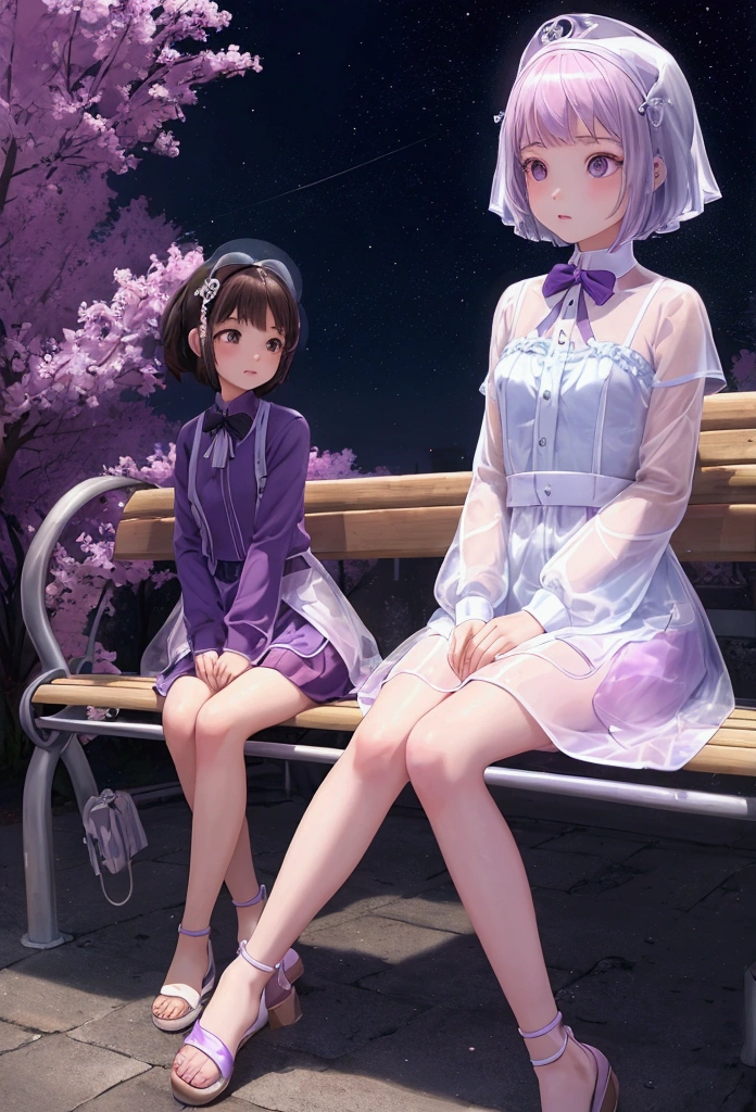 transparent girl like an animated character sits on a station bench.Girls are translucent.The girl's outline is painted in pale purple.The background is colorful and vivid,

