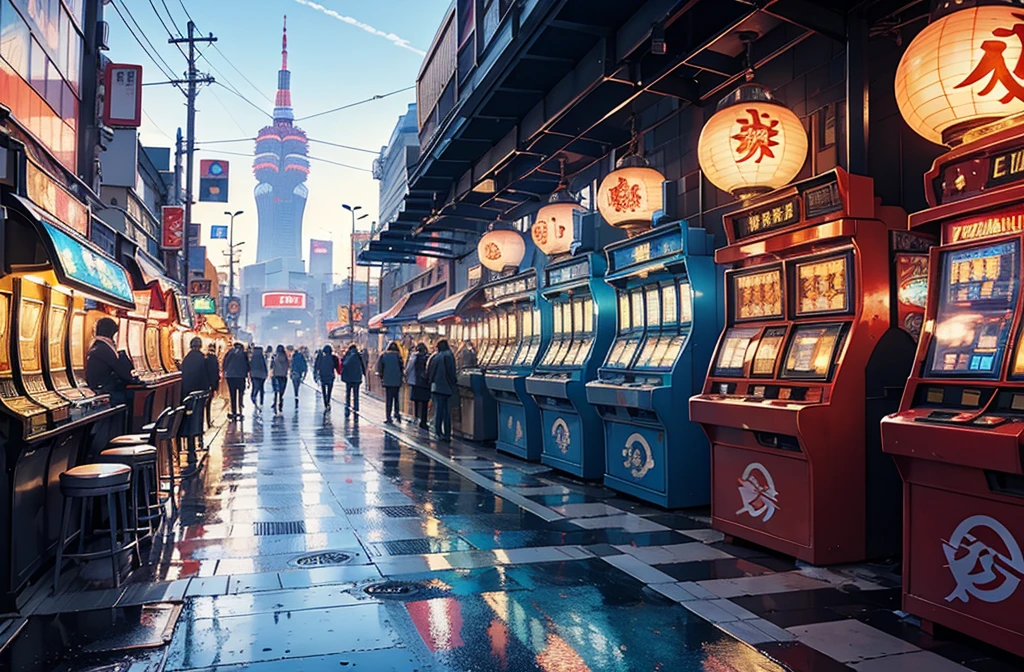blue shade Tokyo street, clear sky, riches, , slot machine, HDR, 4k resolution