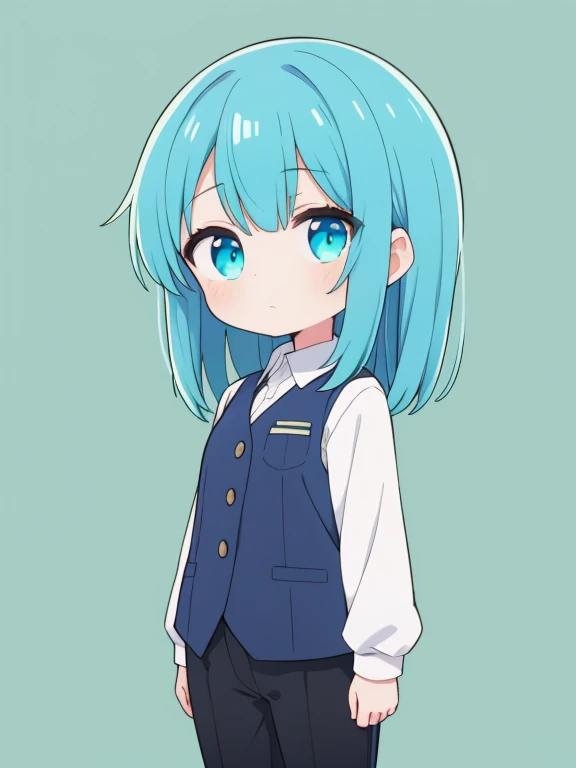 1girl, solo, secretary, whole body, cowboy shot, facing viewer, arms at sides, upright dress shirt, pants, gray shirt, cyan vest, neutral background, green background medium length hair,, cyan hair color, {{{{{chibi}}}}}, expressionless
