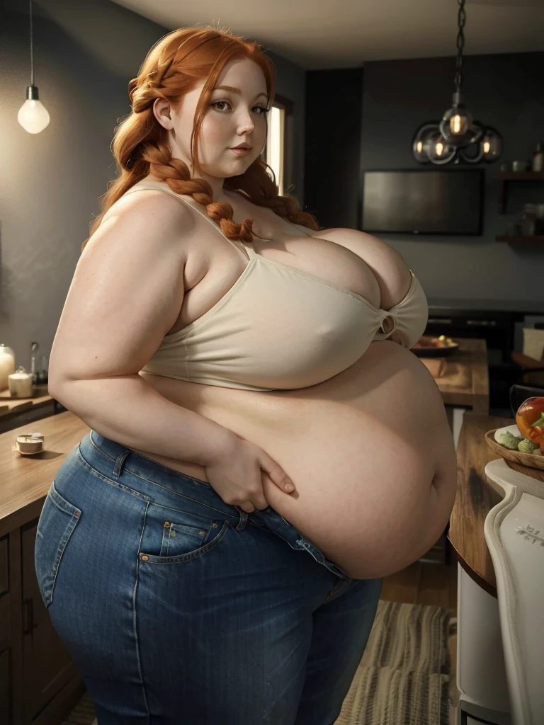 A shy, sidewiev photo of a young redhead ssbbw with long braided ginger hair, very very Huge soft hanging sideview fat belly, her belly hanging over her sideview thights, very obese fat arms, huge butt, cute pretty face, fat huge breasts in a summer top and unbuttoned jeans, holding her belly in a modern livingroom