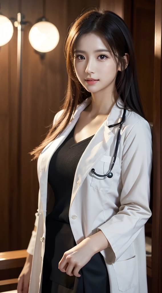 Photorealistic beautiful doctor、stunningly beautiful、doctors white coat, Collared shirt、(top-quality、8K、32K、masterpiece、nffsw:1.3)、超A high resolution,(Photorealsitic:1.4),Raw photography, Detailed face,,Beautiful hair, ((Doctor Style)), , Black tight skirt、 Natural makeup,, large full breasts、inside hospital, Detailed background, Perfect Lighting, depth of fields, Beautiful shadow gradient,stethoscope ,