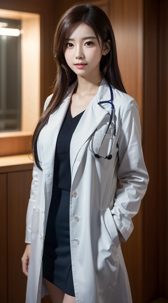 Photorealistic beautiful doctor、stunningly beautiful、doctors white coat, Collared shirt、(top-quality、8K、32K、masterpiece、nffsw:1.3)、超A high resolution,(Photorealsitic:1.4),Raw photography, Detailed face,,Beautiful hair, ((Doctor Style)), , Black tight skirt、 Natural makeup,, large full breasts、inside hospital, Detailed background, Perfect Lighting, depth of fields, Beautiful shadow gradient,stethoscope ,
