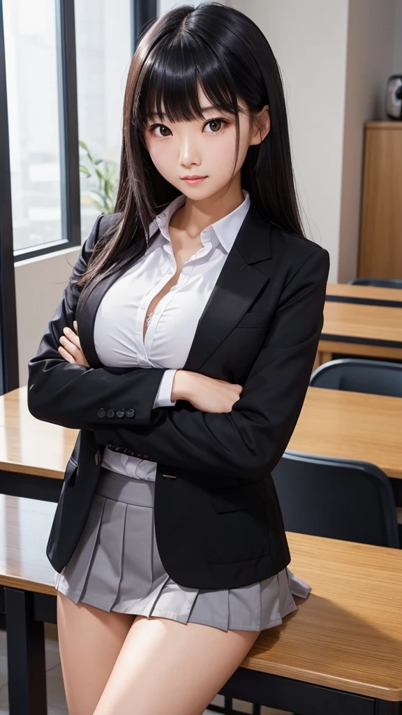 Tabletop、highlight、Asian woman、Black Hair、Heavy bangs、breast enhancement、high school girl、blazer、skirt、Gazing Eyes、Support your chest with your arms、