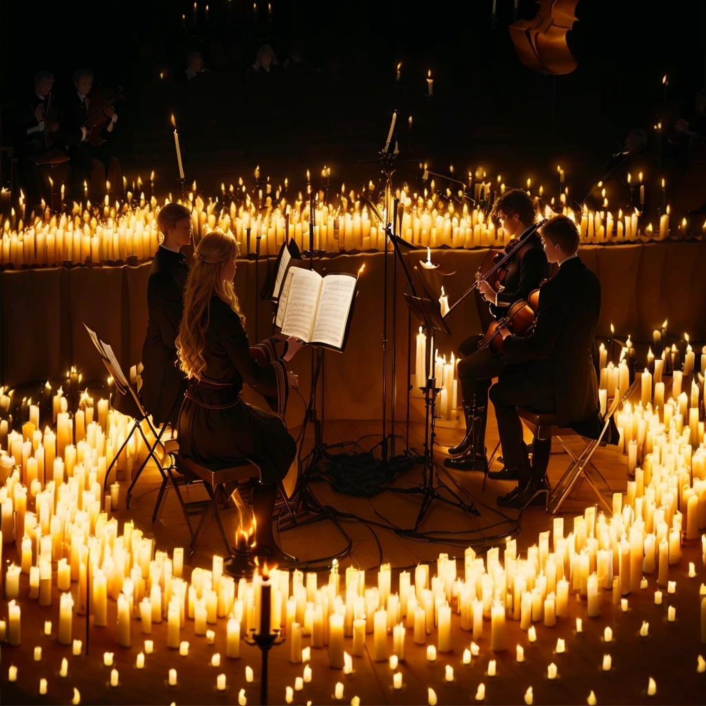 candles are lit in a circle with music instruments and music sheets, lit with candles, festival, in a room full of candles, candlelit, concert, candle lighting, candle lights, dramatic candlelight, romantic, beautifully lit, room full of candles, orchestra, poignant, candlelight, softly lit, illuminating the area, breathtaking composition, flickering, wondrous, lit up