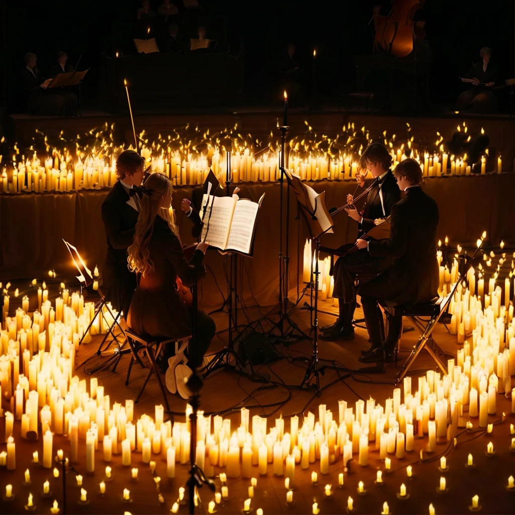 candles are lit in a circle with music instruments and music sheets, lit with candles, festival, in a room full of candles, candlelit, concert, candle lighting, candle lights, dramatic candlelight, romantic, beautifully lit, room full of candles, orchestra, poignant, candlelight, softly lit, illuminating the area, breathtaking composition, flickering, wondrous, lit up