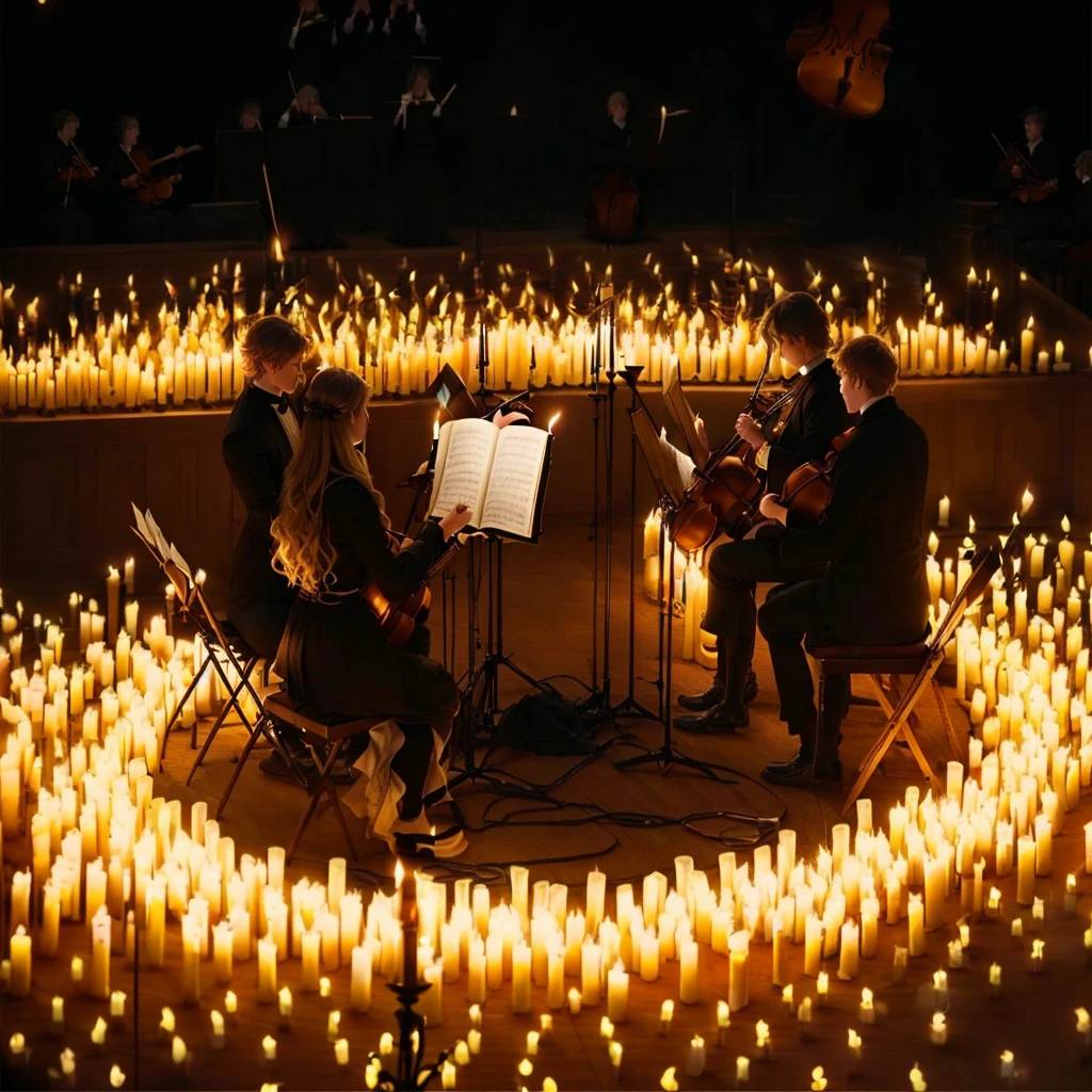 candles are lit in a circle with music instruments and music sheets, lit with candles, festival, in a room full of candles, candlelit, concert, candle lighting, candle lights, dramatic candlelight, romantic, beautifully lit, room full of candles, orchestra, poignant, candlelight, softly lit, illuminating the area, breathtaking composition, flickering, wondrous, lit up