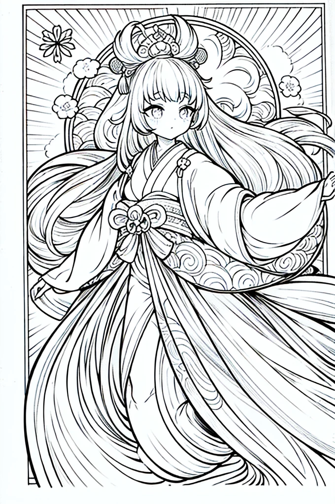 As a coloring book, the color should be black and white, the border should be simple, clear, and bold. A graceful Asian girl with elegant movements is performing a traditional Japanese dance in a grand [Kabuki theater]. She is wearing an exquisite [kimono with crane pattern], the flowing silk fabric accentuating her graceful movements. The girl's face is painted with delicate makeup, and her hair is adorned with an elaborate [hair ornament]. The intricate details of the kimono and the theater setting provide for the coloring book illustration.