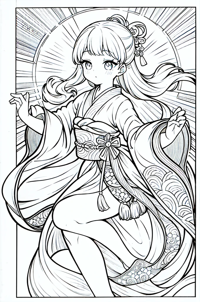 As a coloring book, the color should be black and white, the border should be simple, clear, and bold. A graceful Asian girl with elegant movements is performing a traditional Japanese dance in a grand [Kabuki theater]. She is wearing an exquisite [kimono with crane pattern], the flowing silk fabric accentuating her graceful movements. The girl's face is painted with delicate makeup, and her hair is adorned with an elaborate [hair ornament]. The intricate details of the kimono and the theater setting provide for the coloring book illustration.
