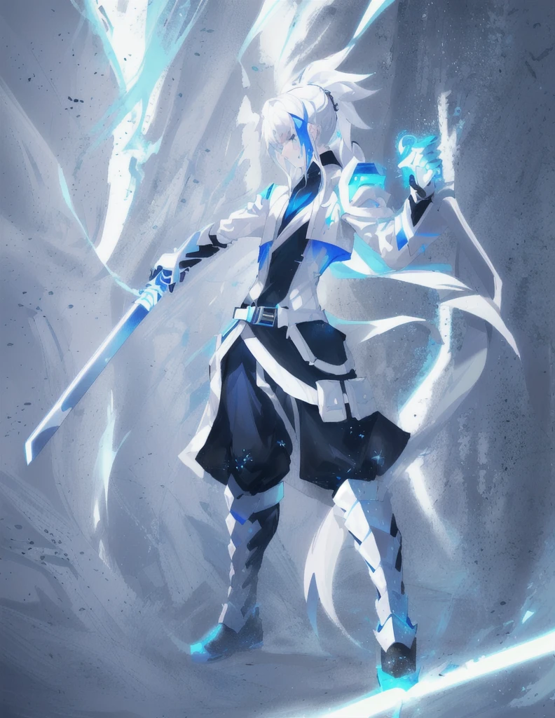 white hair, glowing blue eyes, pale skin, black ninja trousers, black vest, short blue jacket, blue belts, metallic accents, full body, long ponytail, long hair