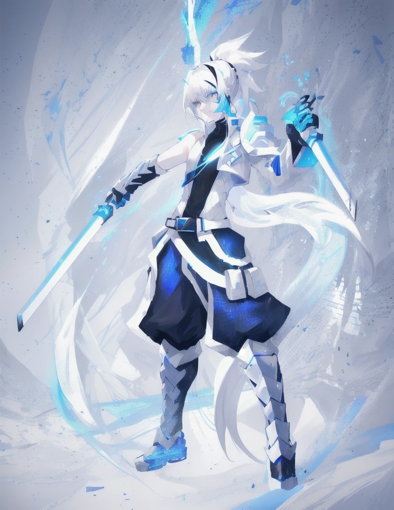 white hair, glowing blue eyes, pale skin, black ninja trousers, black vest, short blue jacket, blue belts, metallic accents, full body, long ponytail, long hair