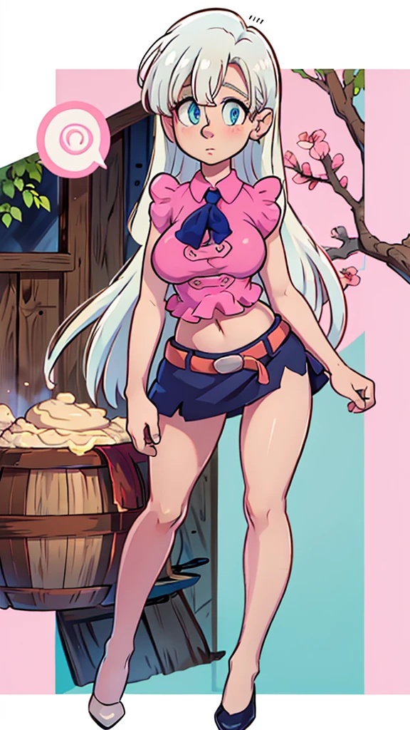 a tall girl, big breast, beautiful beauty, beautiful, cute, loving, long white hair, her blue-yellow eye, she wears a pink button-down blouse, short sleeves, shows her navel and a short dark blue skirt, a brown belt, a long black heel.