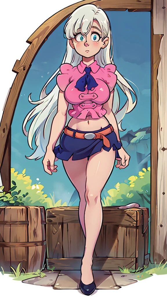 a tall girl, big breast, beautiful beauty, beautiful, cute, loving, long white hair, her blue-yellow eye, she wears a pink button-down blouse, short sleeves, shows her navel and a short dark blue skirt, a brown belt, a long black heel.