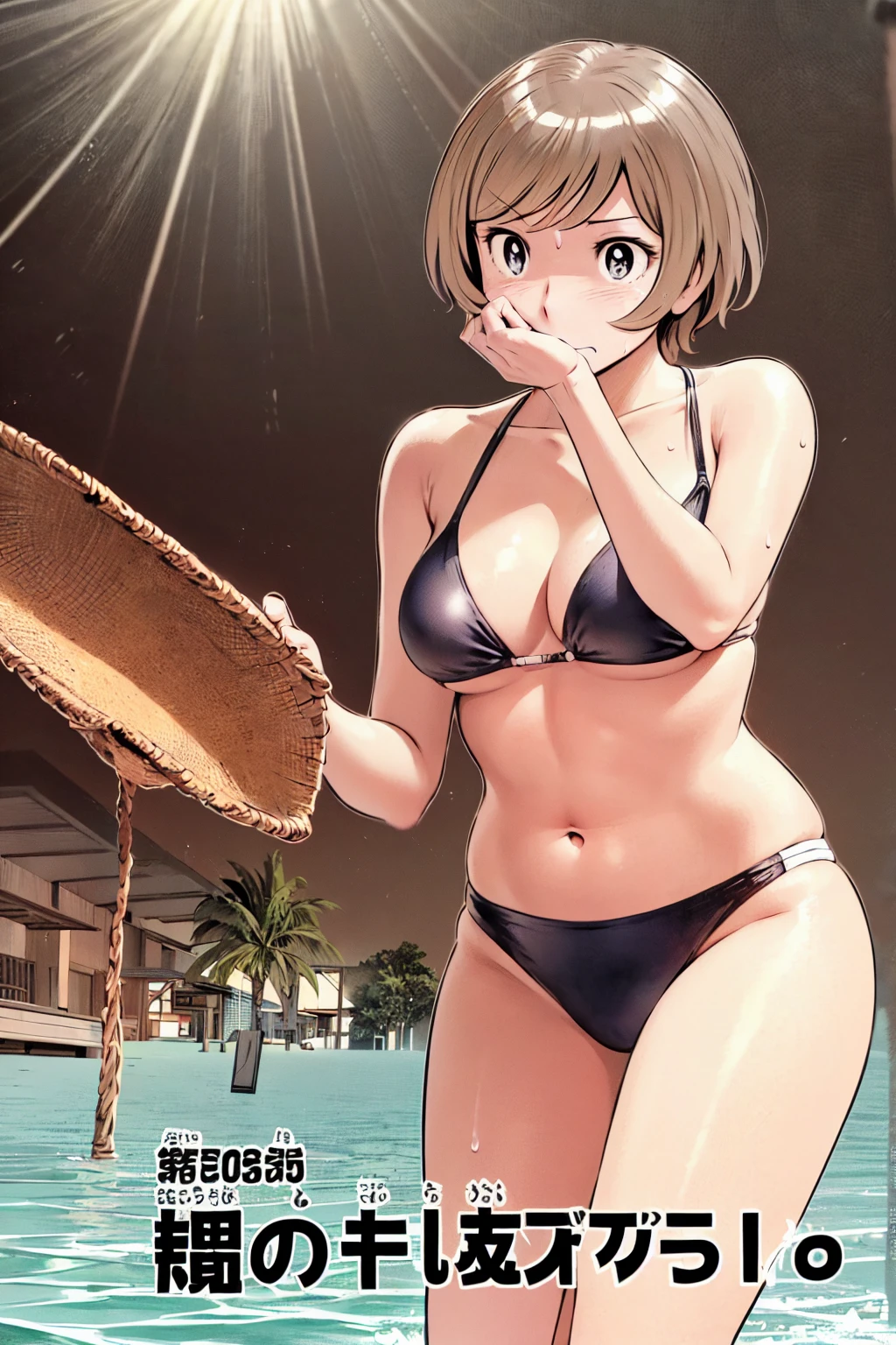 、(masterpiece、Highest quality)、Highest quality, Ultra-high resolution, (((masterpiece))), alone, Sweat、Big eyes, Composition from the front、Shortcuts、Embarrassed face、Bronze colored hair、Cut your hair short、Ocean、Beach、Black Micro Bikini、belly button、short hair、(Bronze colored hair)