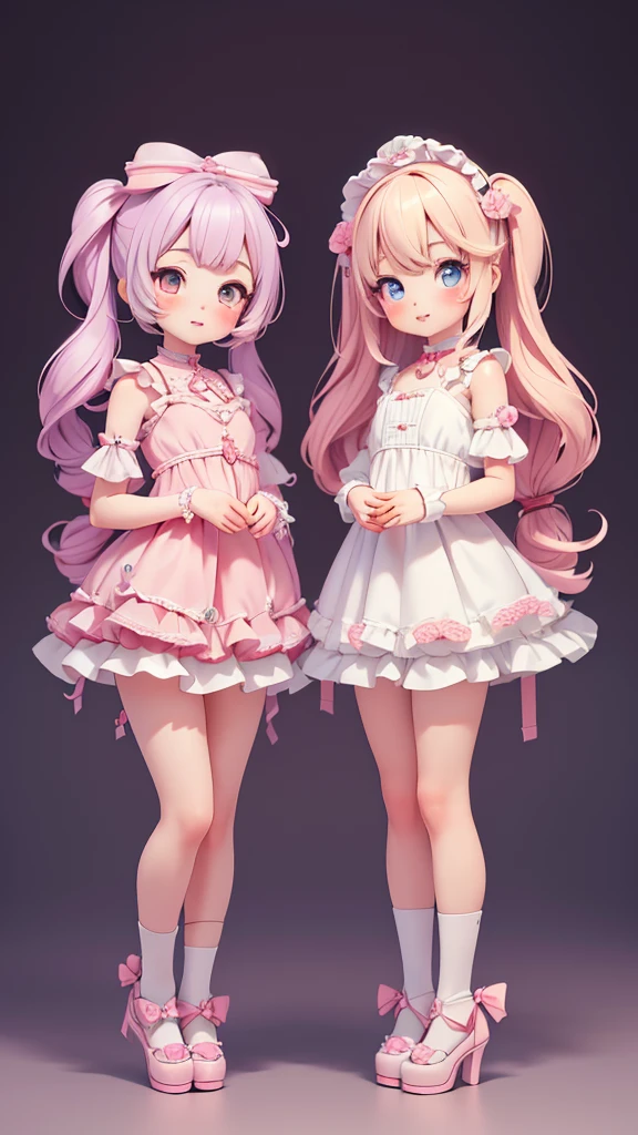 ((petite kawaii bishojo, 2girls)), ((kawaii face)), ((kawaii cute eyes)), ((masterpiece)), ((best quality)), ((ultra detailed)), ((8k)), (depth), (crisp), (exquisite), ((highres)), ((high standard)), ((beautiful and aesthetic)), (super detailed skin), (perfect anatomy), (full body), (blush), (lipstick), (dolly)