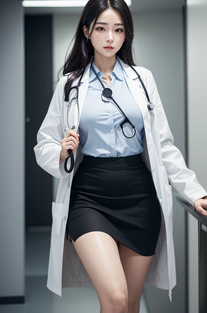 Photorealistic beautiful doctor、stunningly beautiful、doctors white coat, Collared shirt、(top-quality、8K、32K、​masterpiece、nffsw:1.3)、超A high resolution,(Photorealsitic:1.4),Raw photography, Detailed face,,Beautiful hair,real looking skin、 ((Doctor Style)), , Black tight skirt、 Natural makeup,, large full breasts、inside hospital, Detailed background, Perfect Lighting, depth of fields, Beautiful shadow gradient,stethoscope ,