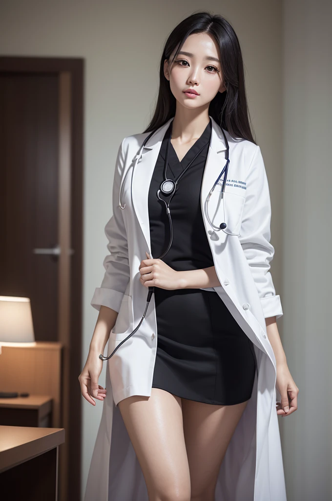 Photorealistic beautiful doctor、stunningly beautiful、doctors white coat, Collared shirt、(top-quality、8K、32K、masterpiece、nffsw:1.3)、超A high resolution,(Photorealsitic:1.4),Raw photography, Detailed face,,Beautiful hair,real looking skin、 ((Doctor Style)), , Black tight skirt、 Natural makeup,, large full breasts、inside hospital, Detailed background, Perfect Lighting, depth of fields, Beautiful shadow gradient,stethoscope ,